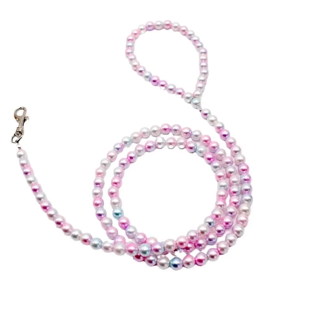 Guinzaglio per Cani e Gatti con Perle da 120cm/4ft, Moschettone Argentato, Guinzaglio con Perle Artificiali Stile Principessa