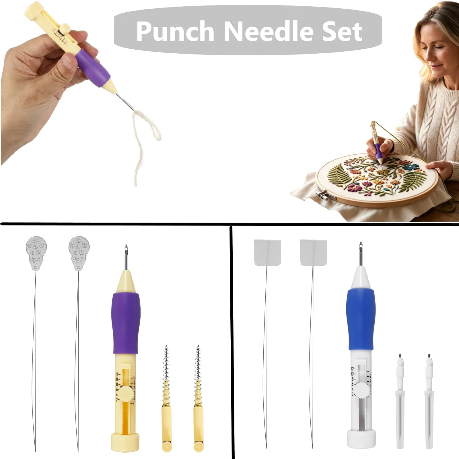 DIY Embroidery Punch Needle Kit Adjustable Stitching Tool Set with Threader Needle Pen for Adult Beginner DIY Sewing Art Craft
