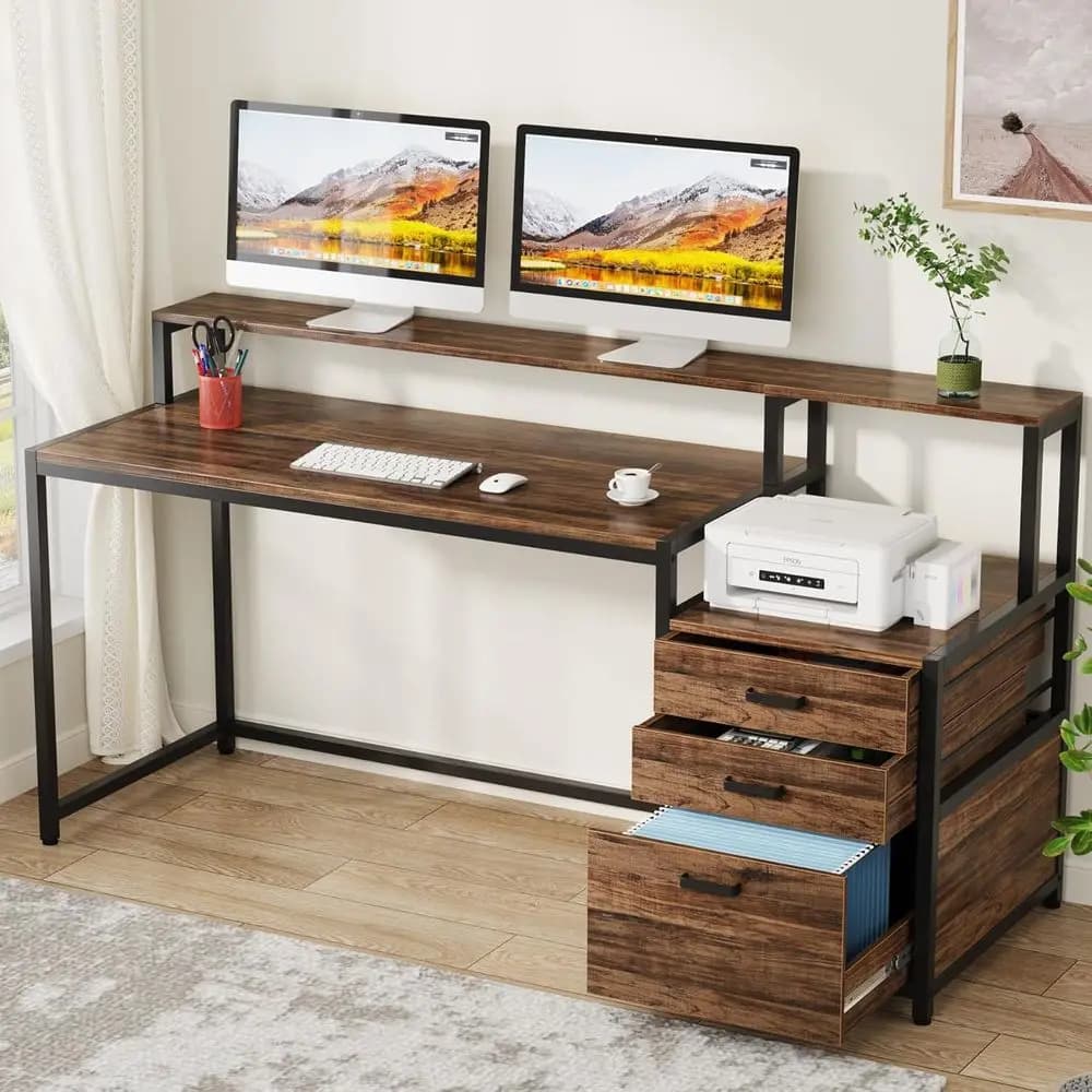 Scrivania Ergonomica Industriale 63 con Cassetto, Supporto Monitor e Spazio per Stampante, per Casa o Ufficio