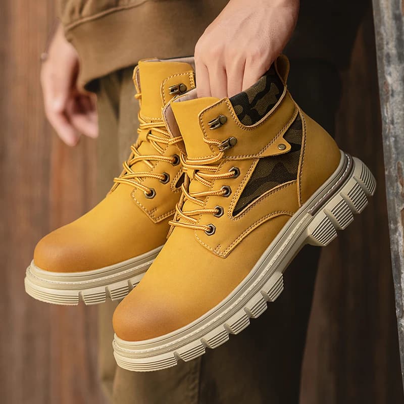 Men High Top Boots PU Solid Color Thick Soled Lace Up Ankle Boots Fashionable Business Casual Men Shoes