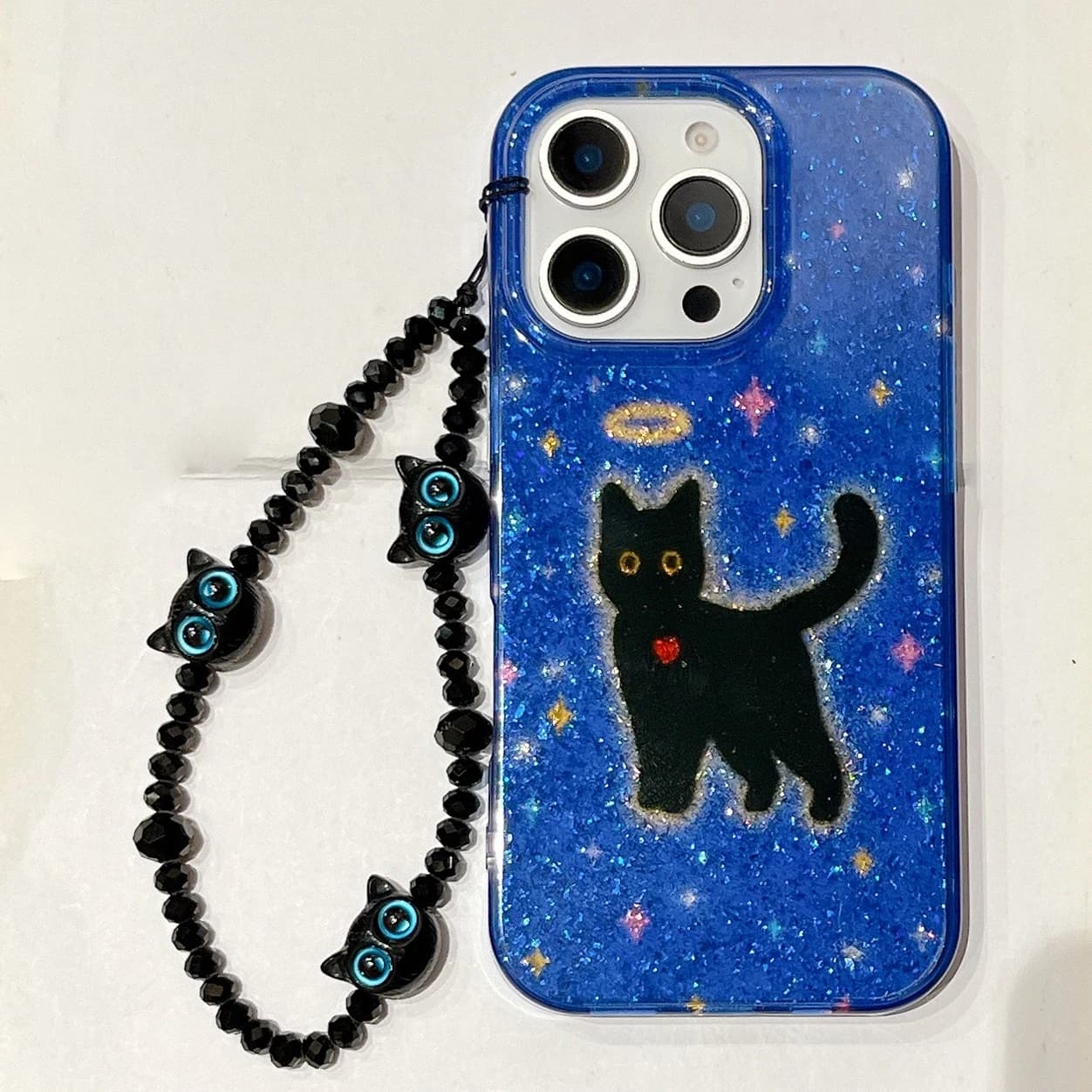 Chic Designed Glittering Blue Background Black Cat Wrist Chain Phone Case for iPhone 17 16 15 14 13 Pro Max Back Phone Cover