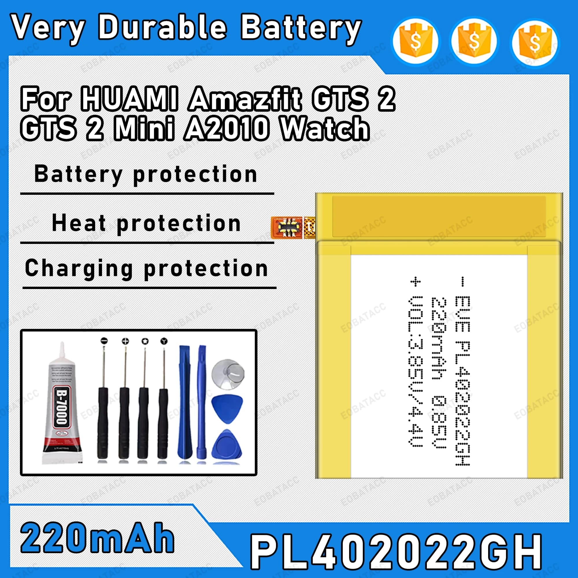 Batteria PL402022GH da 220mAh 100% nuova per HUAMI Amazfit GTS 2/GTS 2 Mini Batteria di ricambio + strumenti gratuiti
