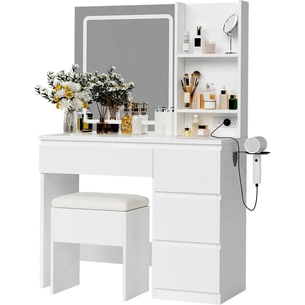 Lighted mirror with make-up desk, 4 drawers, power outlet, storage stool, adjustable LED lighting, shelves, hair dryer holder - Ma