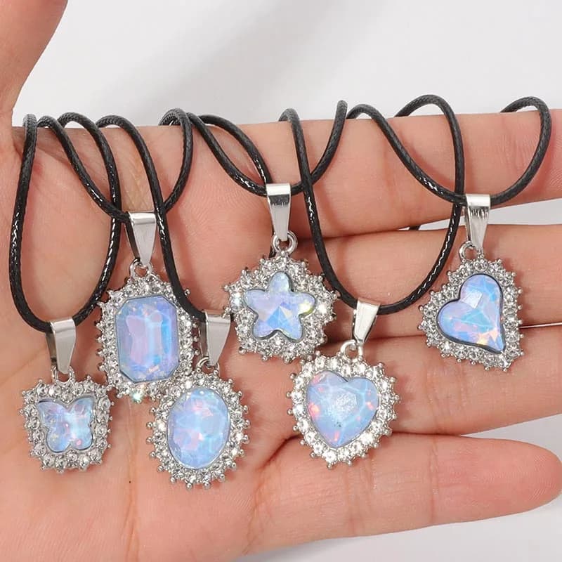 Geometric Opal Crystal Pendant Necklaces for Women Heart Butterfly Oval Rhinestone Wax Rope Chain Choker Charm Summer Jewelry