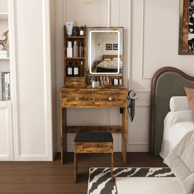 Modern Brown Vanity Desk with 3 LED Lighting Modes, Adjustable Brightness, 3 Drawers, Open Shelves, Hair Dryer Holder, Power Outlet, and Matching Chair
