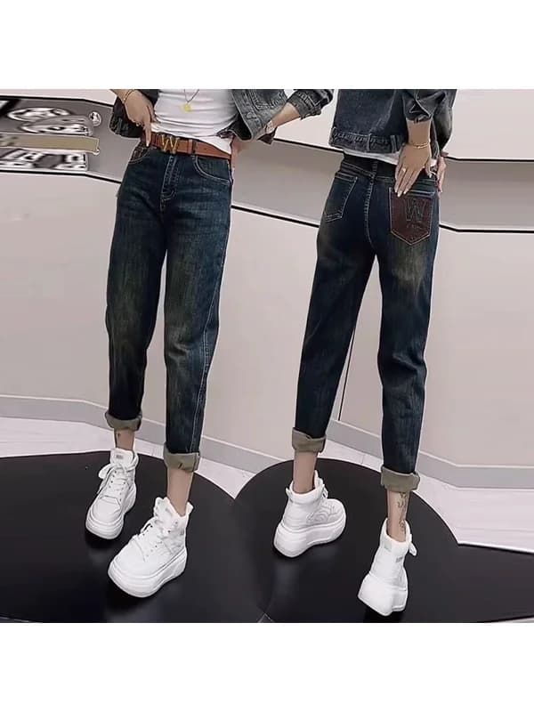 plus Size American High Waist Harem Jeans Women's Spring Autumn New Slimming Cucumber Wide Leg Dad Pants Fat MM Cleanfit