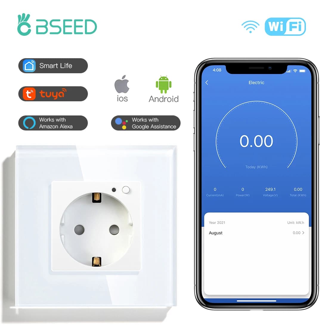 Intelligent BSEED EU socket with WiFi and Energy Monitoring, 16A 110V-250V, Glass Panel, Compatible with Tuya, Google and Alexa