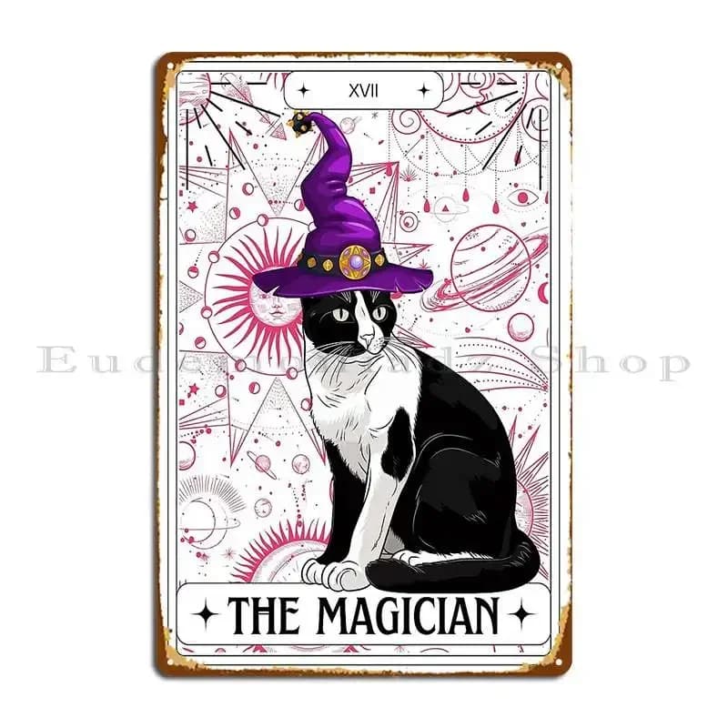 Targa in metallo con stampa Tarot Card Tuxedo Cat The Magician, decorazione da parete per bar, grotta, cinema, poster in latta effetto ruggine