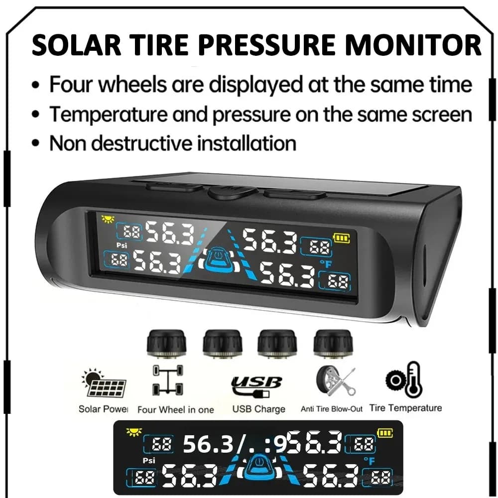 Sistema di Monitoraggio della Pressione degli Pneumatici a Energia Solare con Display LCD Digitale 0-6.8 Bar, Manometro per Pneumatici Auto con 4 Sensori