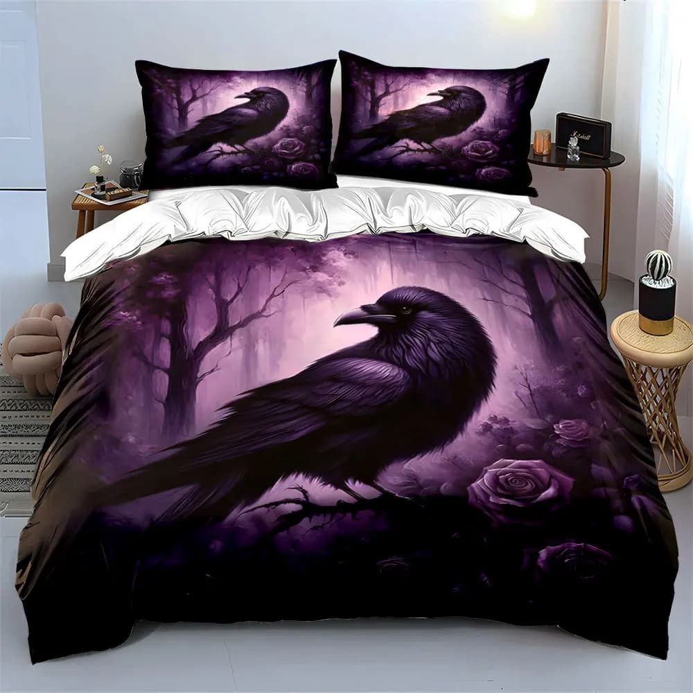 Crow Purple Roses Forest Fantasy Design Print Bedding Set 1 Duvet Cover 2 Pillowcases for Adult and Children Luxury Gift