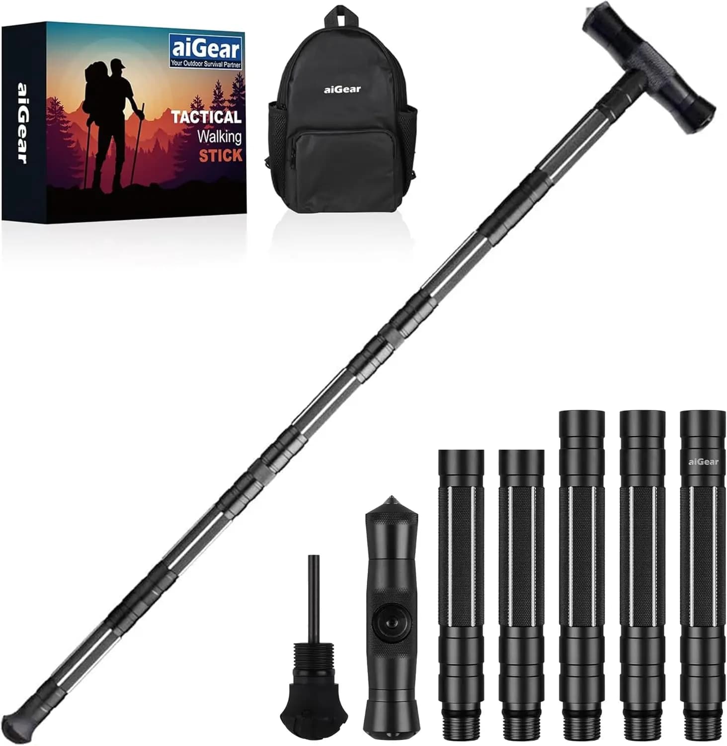 G2 Tactical Hiking Stick, 5-Section Heavy Duty Walking Staff for Men Women, Aerospace-Grade Alloy Trekking Poles with Integrated