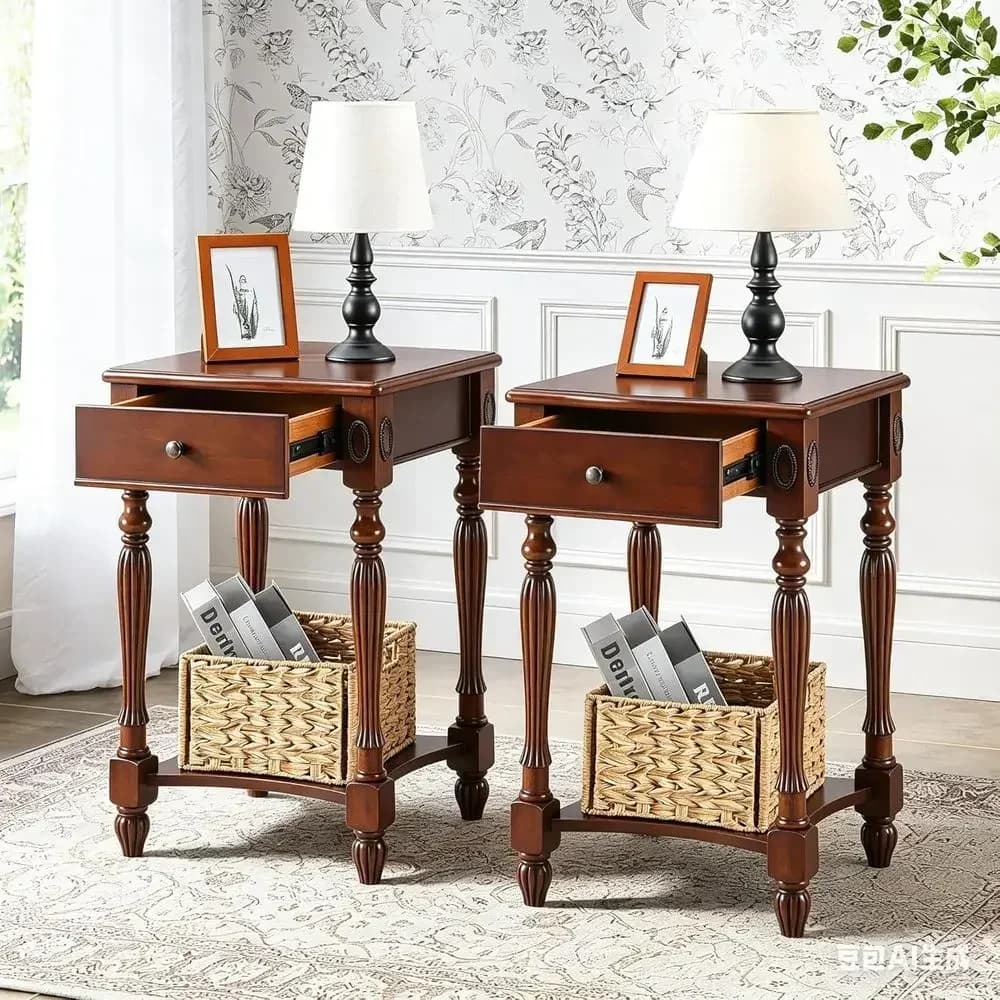 Cherry Walnut Side Table with Drawer and Storage Shelf Set, 2-Piece, No-Tools Assembly, Ideal for Small Spaces, Antique Style, 2
