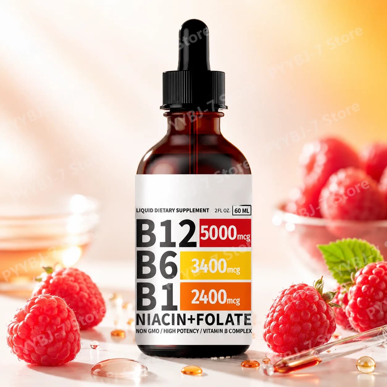 5-in-1 Vitamin B Complex Liquid Drops B12 B6 B1 Niacin Folate Support Normal Energy Metabolism Immune System Health