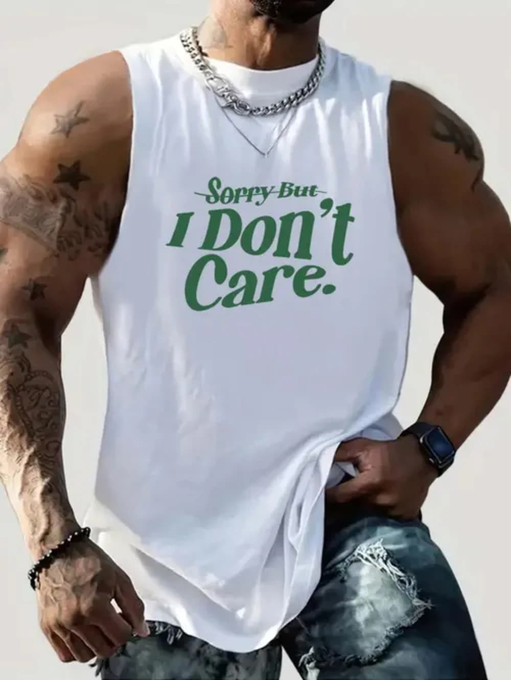 Men's Cotton Sleeveless Vest Breathable Loose Fit Sports Vest Gym Leisure Outdoor Activity T-Shirt 'Sorry I Don't Care' Design
