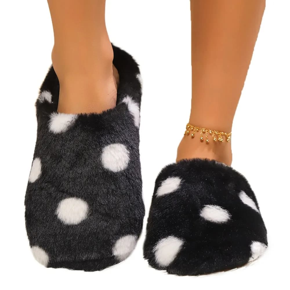 Stylish Slippers with Soft Sole Light Non-slip Slippers with Fur Dots Patchwork Low casual home shoes