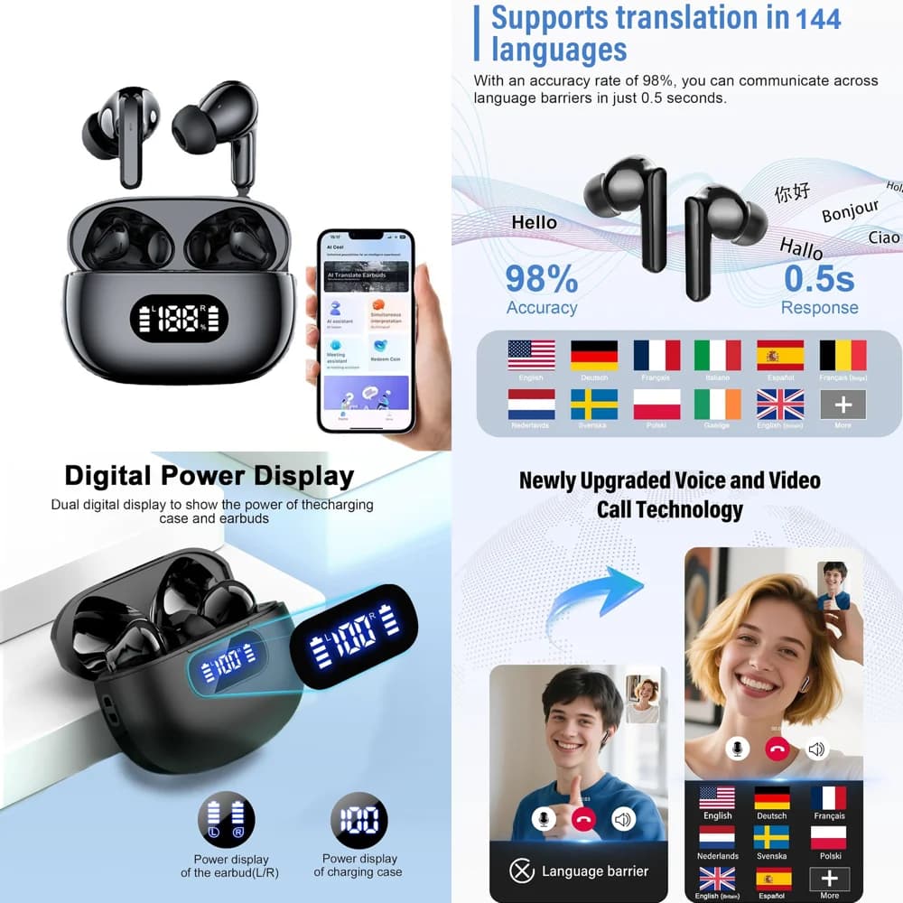 Auricolari Traduttori Wireless con Chiamate Chiare, Traduzione AI Online in 144 Lingue e Display LED per Viaggi