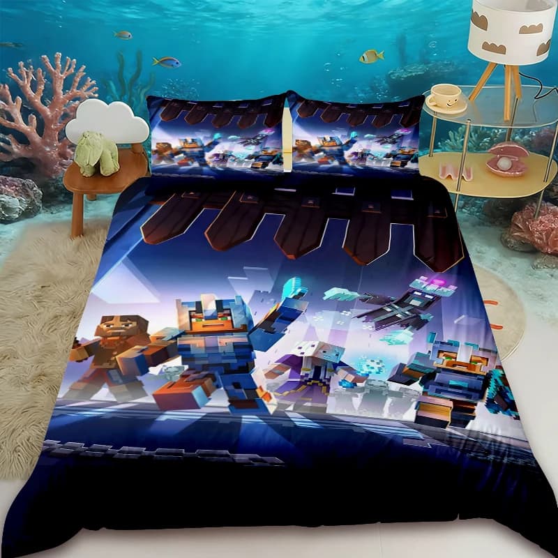 Copripiumino per Bambini con Motivi Cartoon Minecraft, Set di Biancheria da Letto con Copripiumino e 2 Federe, Misure Queen, King, Full