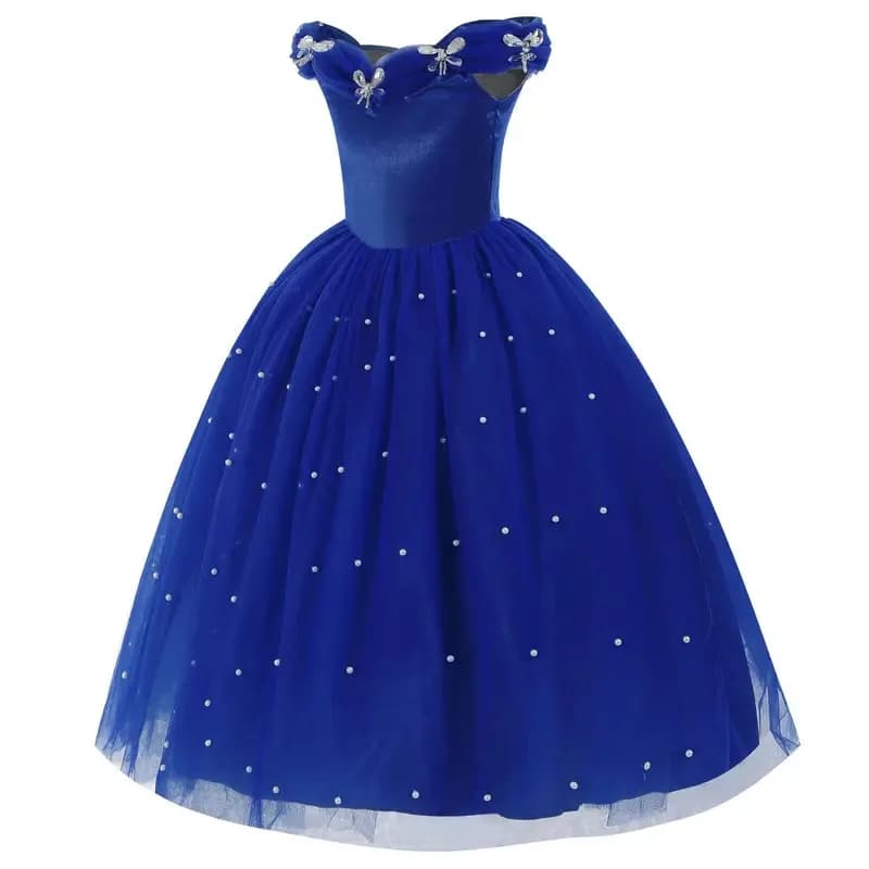 Abito da festa azzurro scuro per ragazza con spalle scoperte Abito da ballo in tulle per bambini Cenerentola Cosplay Abiti da fata Compleanno