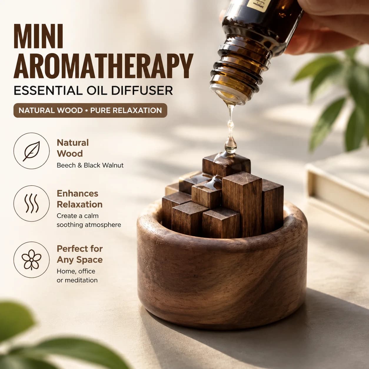 Mini Aromatherapy Essential Oil Diffuser Beech Wood & Black Walnut Decorative Home Fragrance