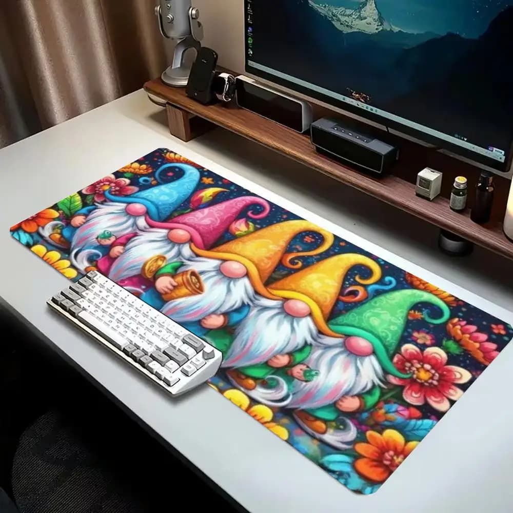 Cartoon Gnome Floral Large Desk Mat Non Slip Rubber Gaming Mouse Pad Stitched Edge Cute Colorful Home Office Desktop Mat
