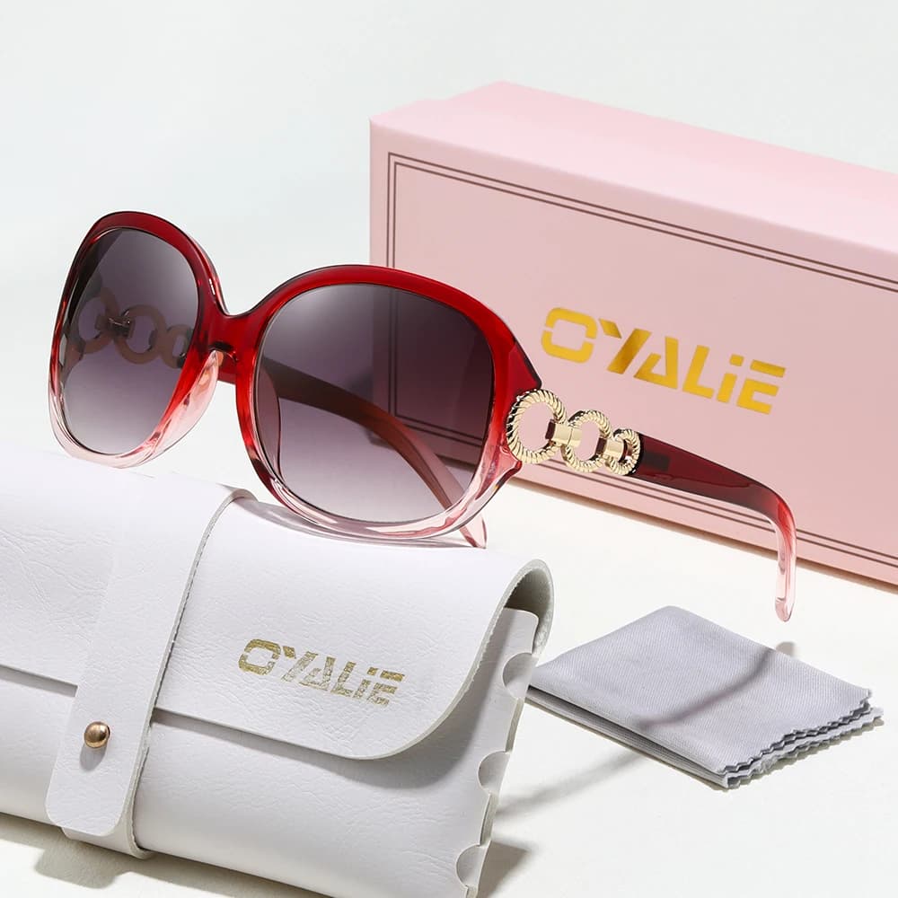 Occhiali da Sole da Donna con Tre Anelli, Marca di Design, Montatura Grande Classica e Alla Moda, Decorazione Rotonda in Metallo, Occhiali Protettivi dal Sole