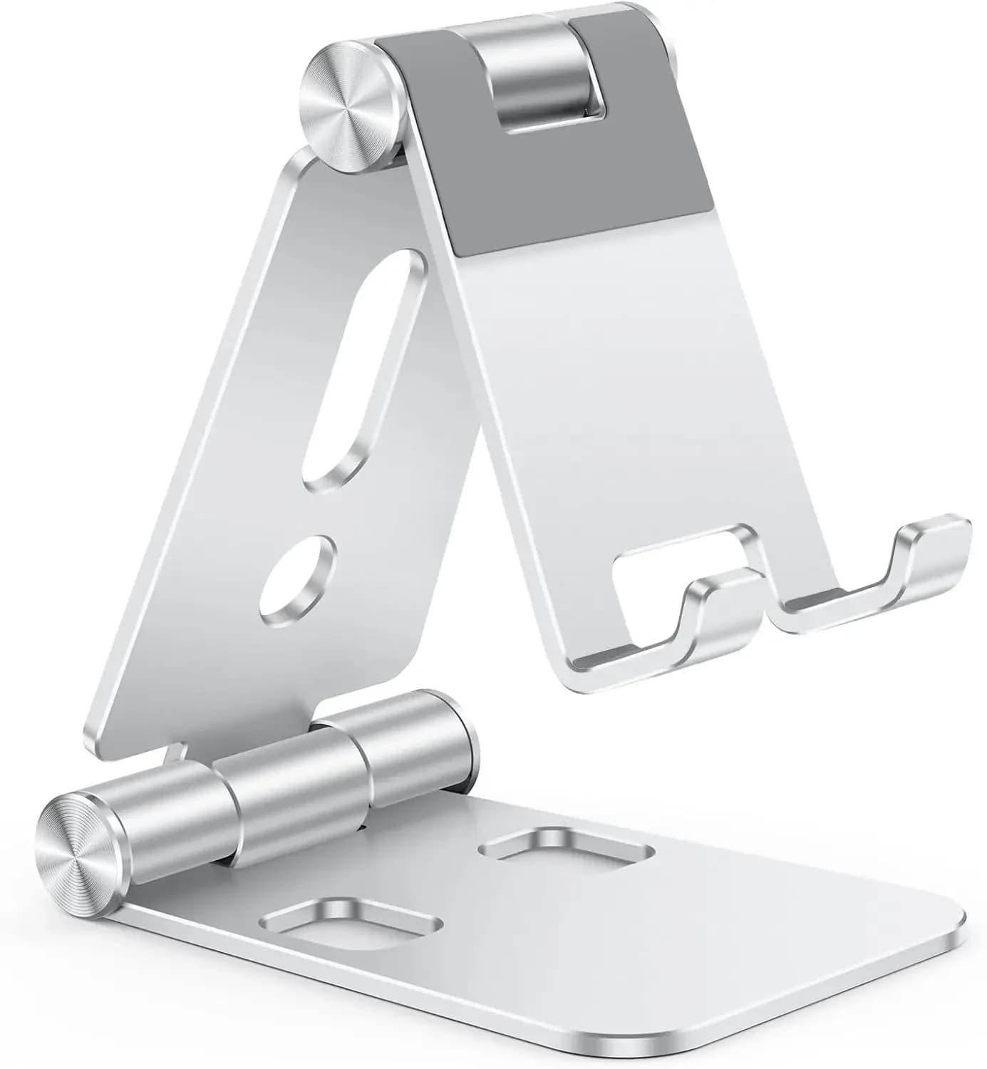 Foldable Aluminum Phone Stand, Adjustable Portable Holder for iPhone 17/16/15 Pro Max, Samsung Galaxy, Tablets, Silver