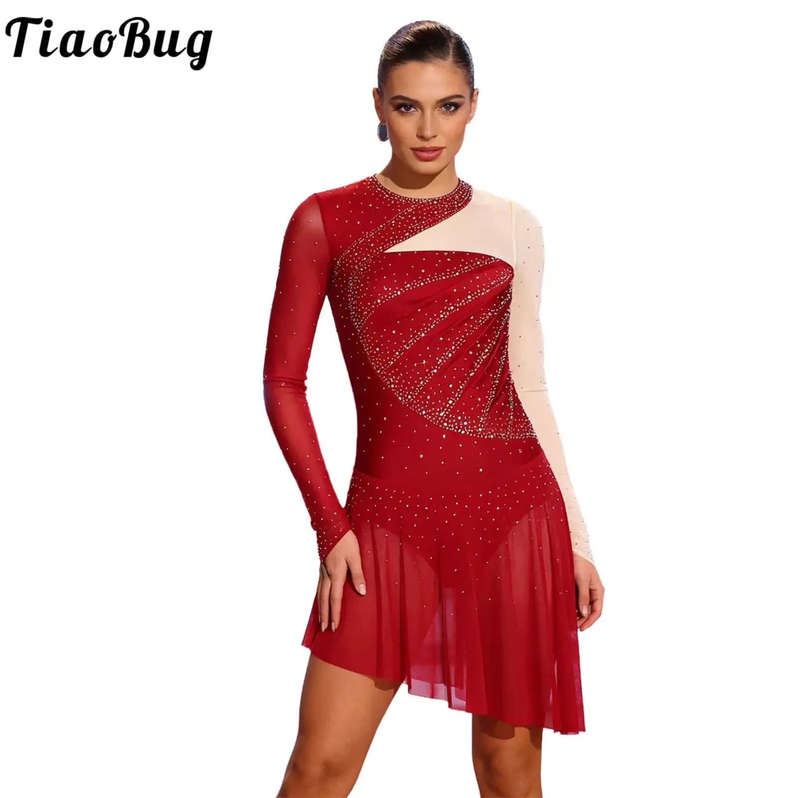 Costume da Danza per Ginnastica Ritmica, Pattinaggio Artistico, Balletto e Danza Lirica per Donne, Abito con Strass e Rete Trasparente, Body da Danza