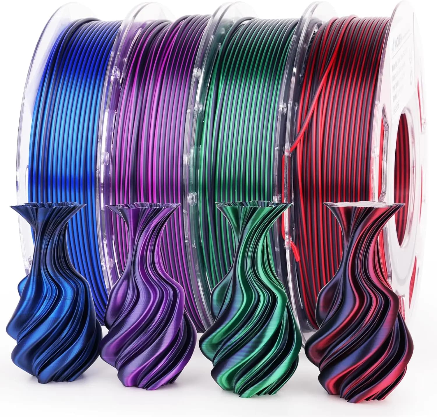 Filamento PLA Seta Bicolore Lucido 1.75mm, Set con Cambio Colore per Stampanti 3D FDM, Serie Nera 200g X 4 Bobine