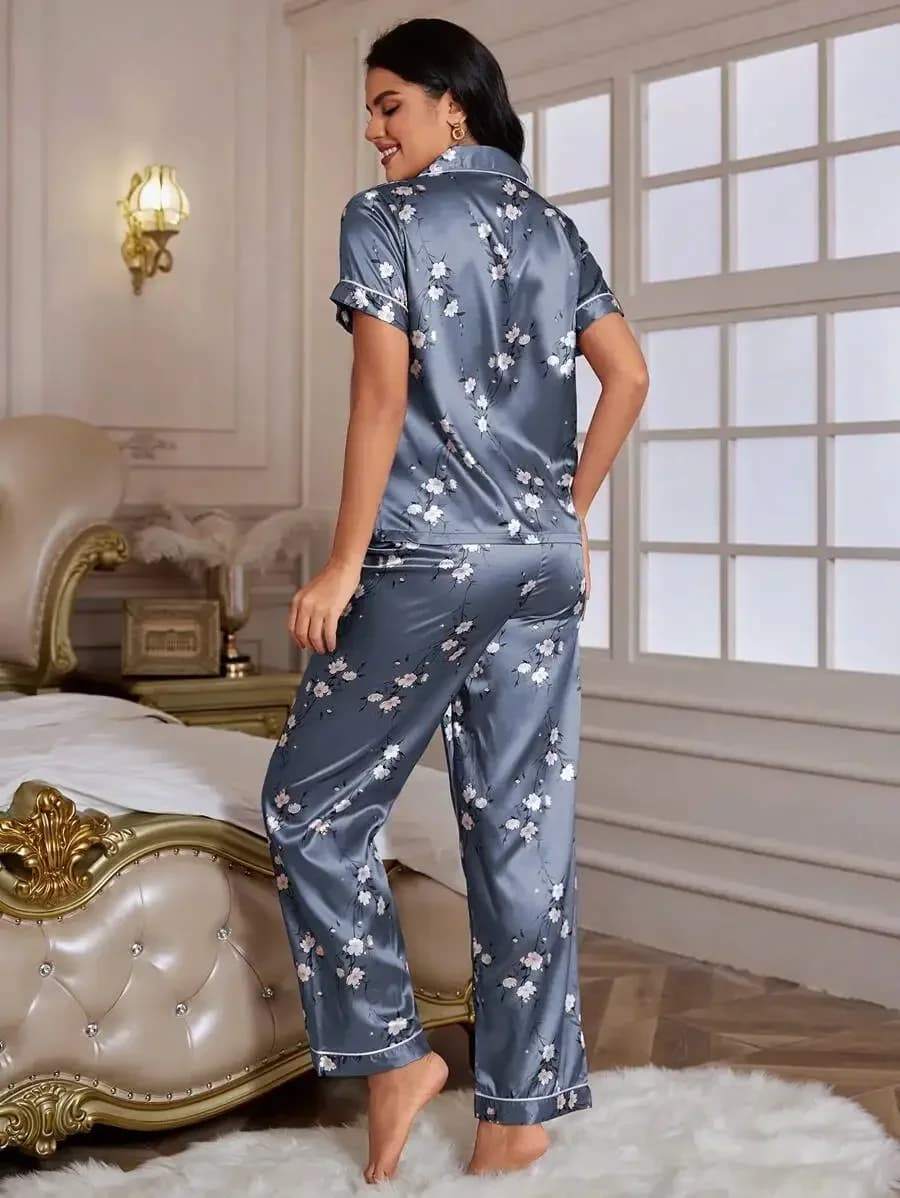 Floral Print Faux Silk Pajama Set Short Sleeve Top And Pants