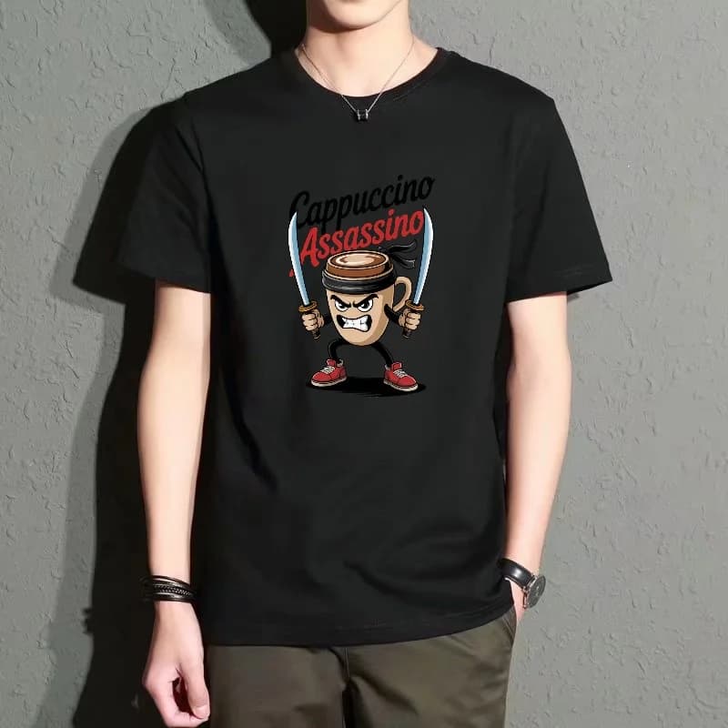 Men's Black Round Neck Short-Sleeved T-Shirt, Fun Coffee Cup Print Loose Top, Street Fashion Casual Everyday Versatile Breathable Top