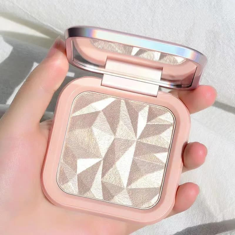 Monochrome Highlighter Powder Palette, Sparkling Diamond Shimmer Face Contour Brightener, Portable Mirror Design Facial Makeup C