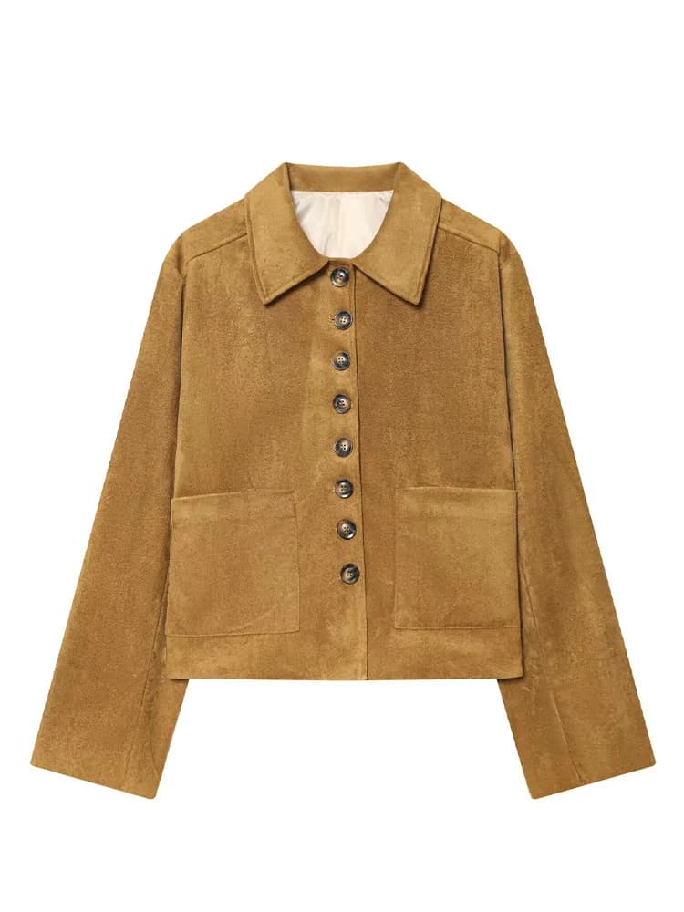 HH Nuova donna moda invernale maniche lunghe monopetto in pelle scamosciata tasca decorazione cappotto corto giacca casual stile street femminile