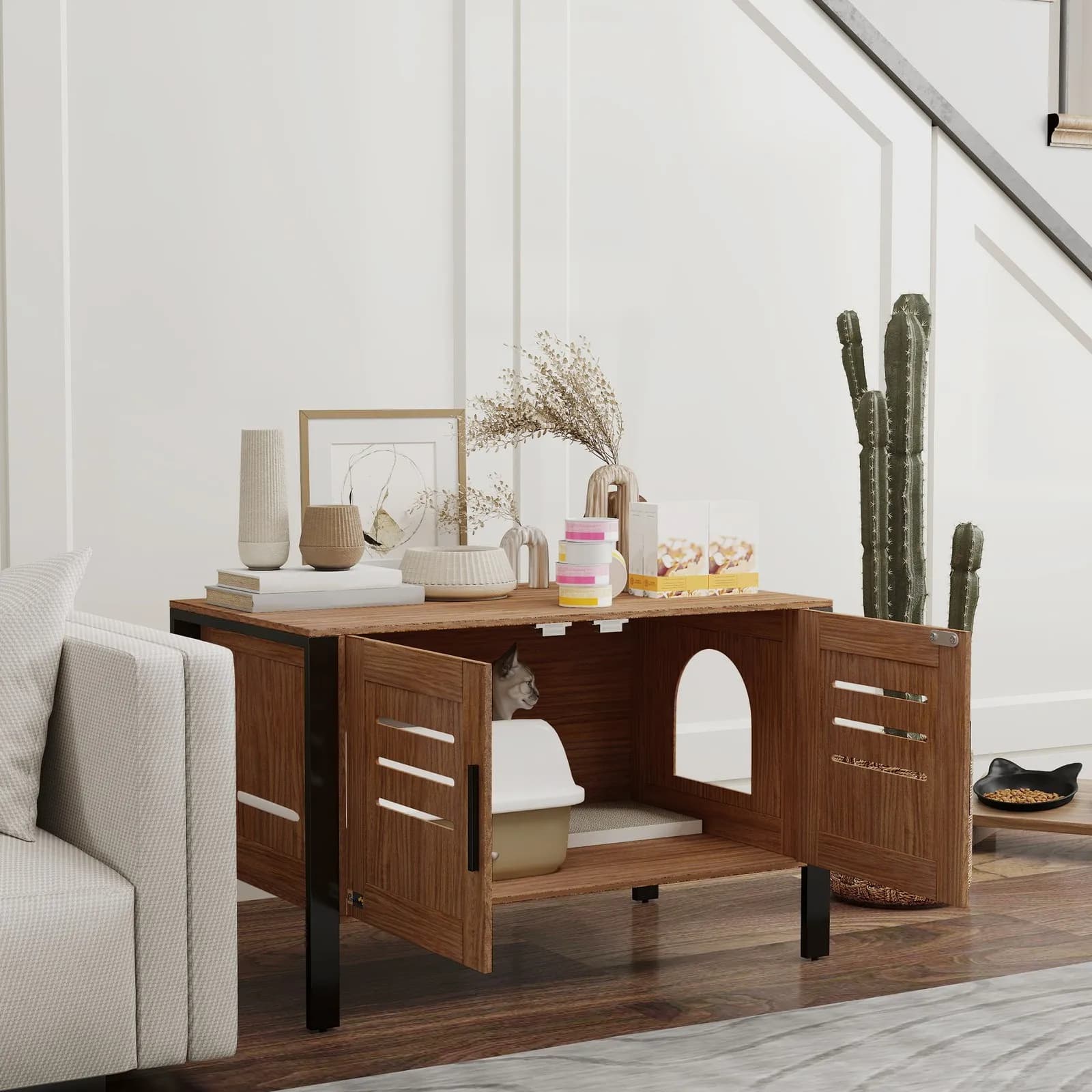 Cat Litter Box Enclosure with Tall Legs, Hidden Litter Box Furniture