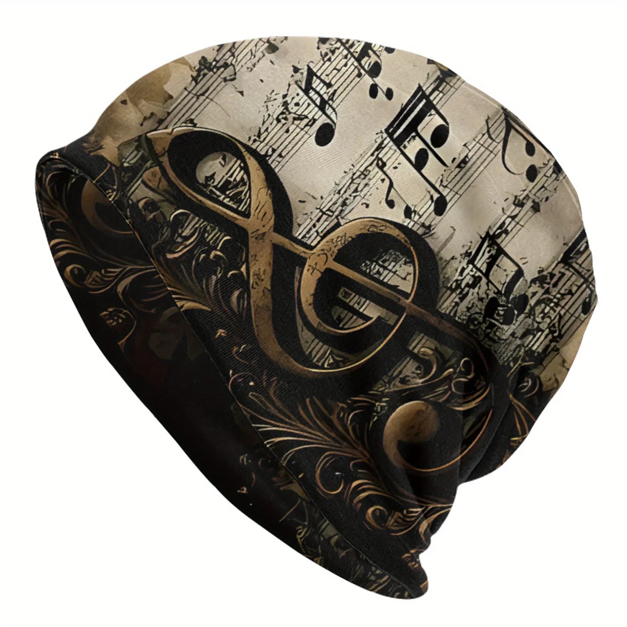 Vintage Inspired Musical Notes Beanie Hat Soft Stretchy Knit Fashionable Cold Cap