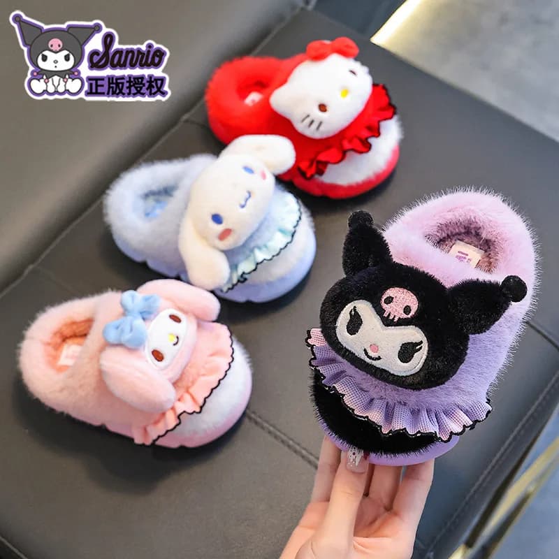 New Kuromi Purple 3D Cartoon Slippers Ruffle Decor Warm Soft Non-Slip Thick Sole Closed Back Winter Home Shoes for Little Girls
