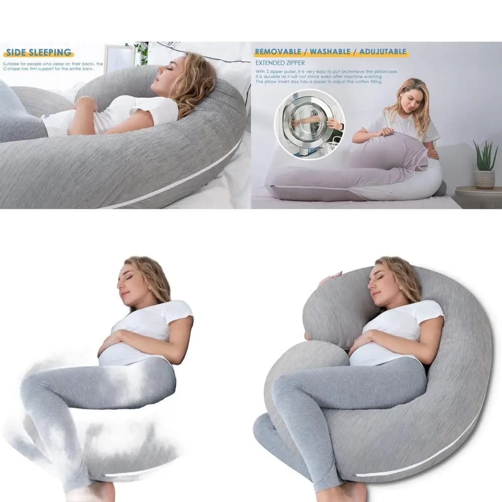 Maternity pillow for sleeping sideways with silky gray fabric refreshing for pregnant women