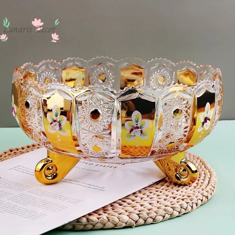 Gold-plated sunflower wavy lace large fruit bucket table decal fruit plate engraved tripod light luxury style
