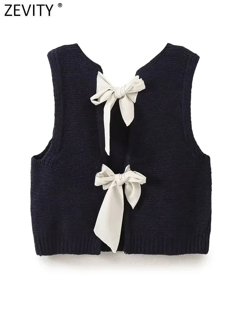 Zevity Nuove Donne di Modo Senza Maniche Indietro Arco Legato Design Breve Maglia Maglione Femminile Chic Gilet Pullover Magliette E Camicette CT6257