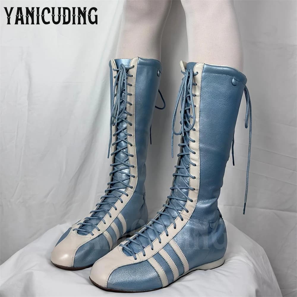 Sporty Style Knee-High Boots for Women Round Toe Comfortable Lace-Up Flat Boots Customizable Multi-color Leather Novelty Boots