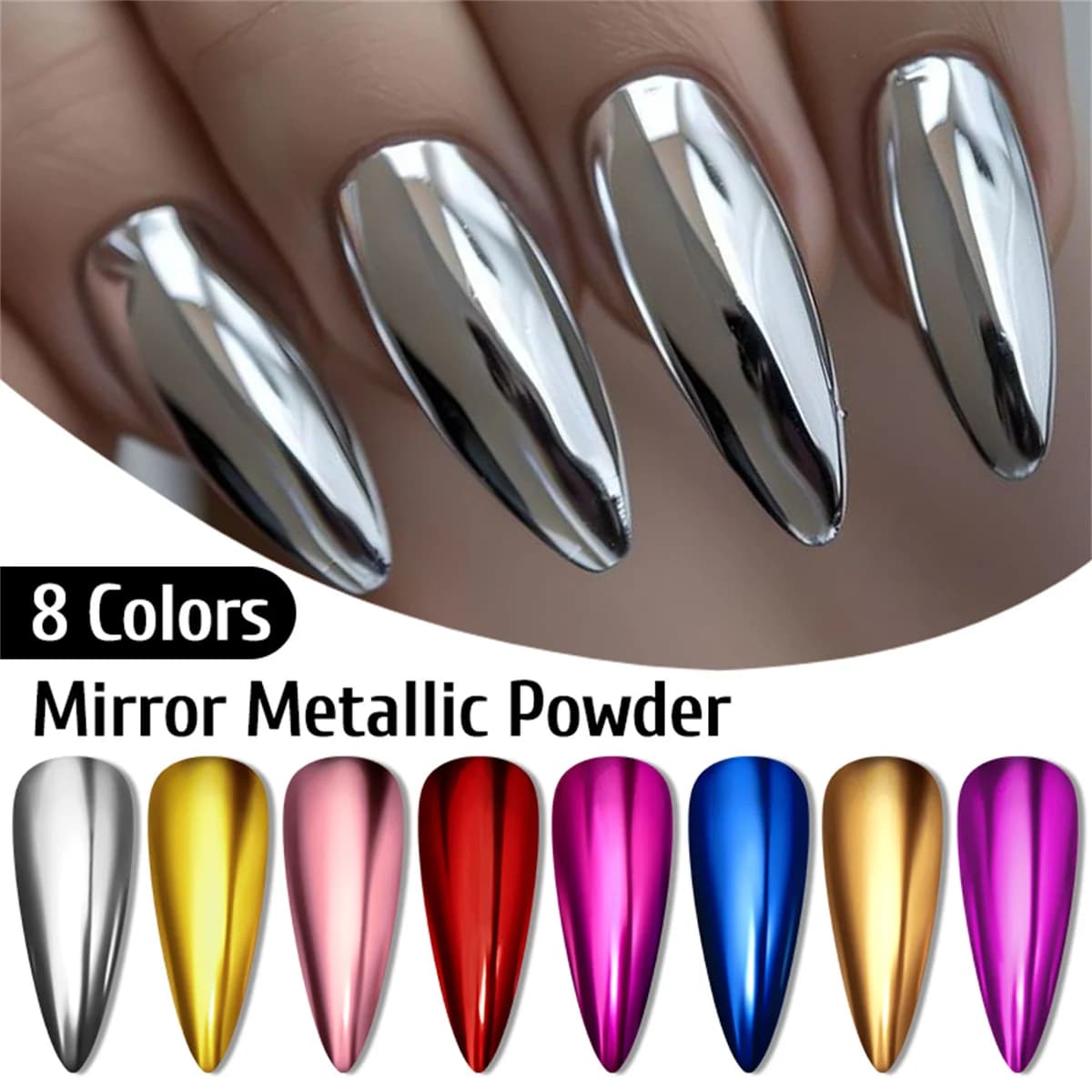 Metallic Gold Silver Effect Nail Mirror, Glitter Gold Pink Champagne Silver, Chrome Powder for UV Gel Nail Polish, DIY Decoration for Manicure