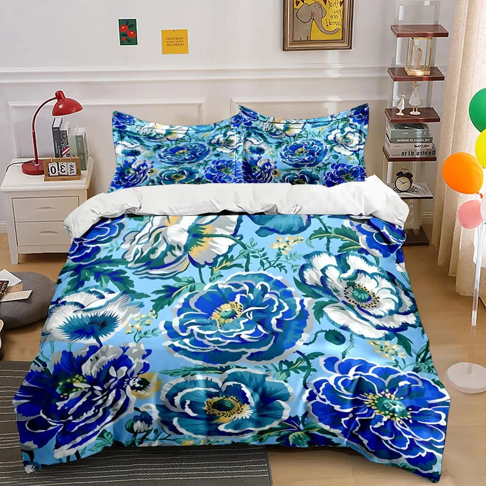 Set di biancheria da letto con stampa peonia blu su sfondo blu, 1 copripiumino, 2 federe per adulti e bambini, regalo di lusso, misura completa