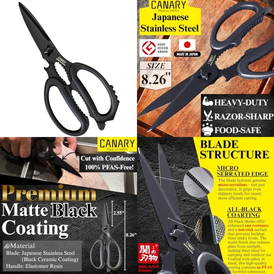 Forbici da Cucina Giapponesi Multiuso Resistenti 8.2" Nero Opaco, Prodotte in Giappone, Lavabili in Lavastoviglie, Lama Separabile, Multiuso