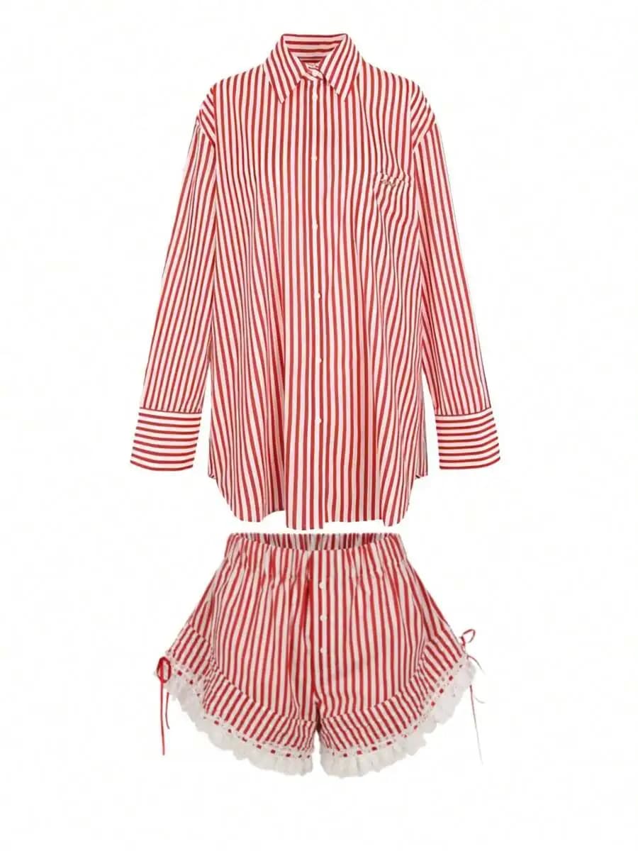 Women Striped Pajama Set Long Sleeve Button Up Blouse And Lace Hem Shorts Sleepwear