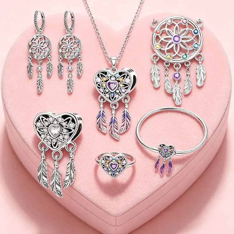 Dreamcatcher Heart Feather Colorful CZ Original Charms Silver Plated Beads Fit Bracelets Bag Keychain Diy Women Gift Accessory