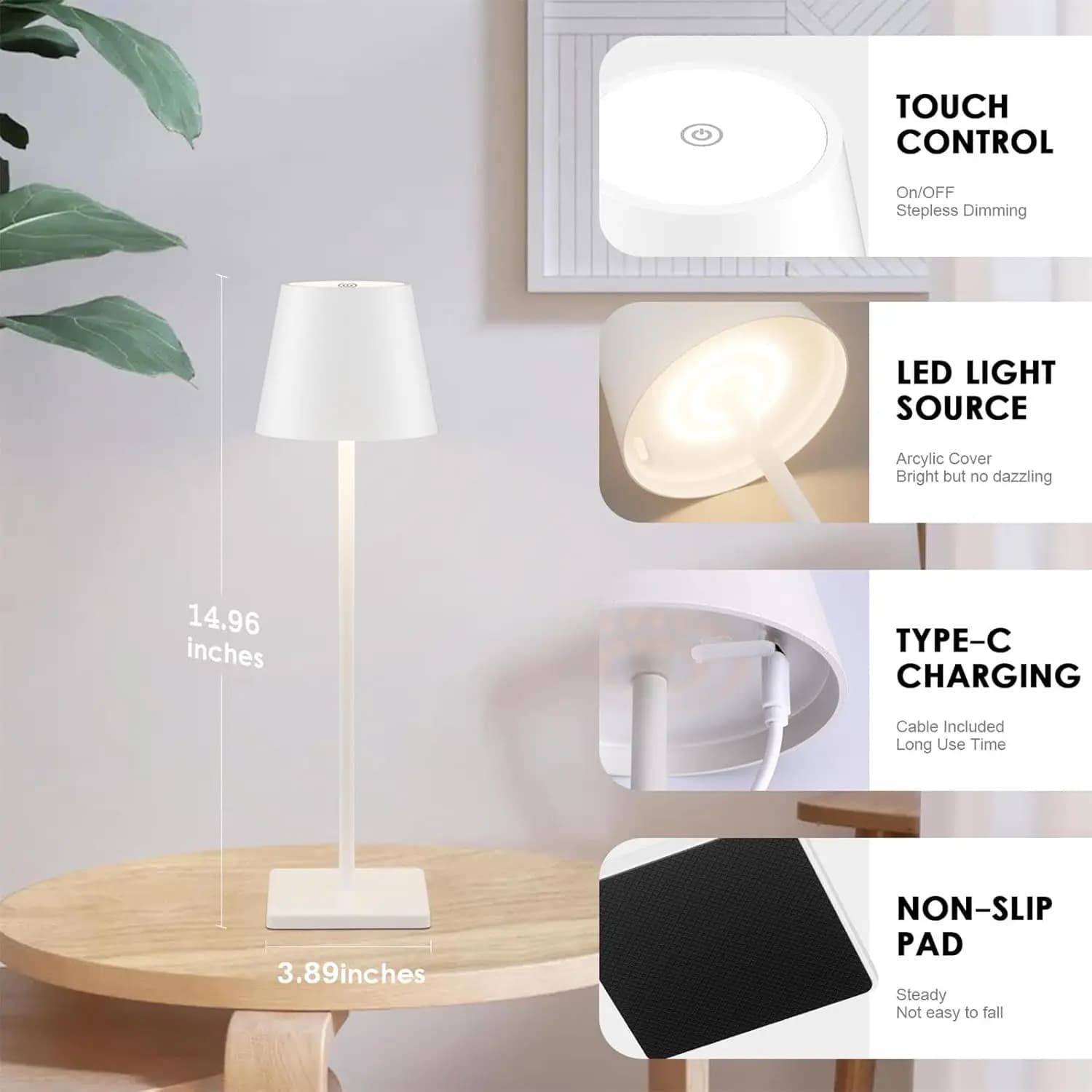 Lampada da Tavolo Moderna Senza Fili con Controllo Touch, Luce da Scrivania Dimmerabile in Metallo, Lampada da Comodino Ricaricabile, Illuminazione a Regolazione Continua
