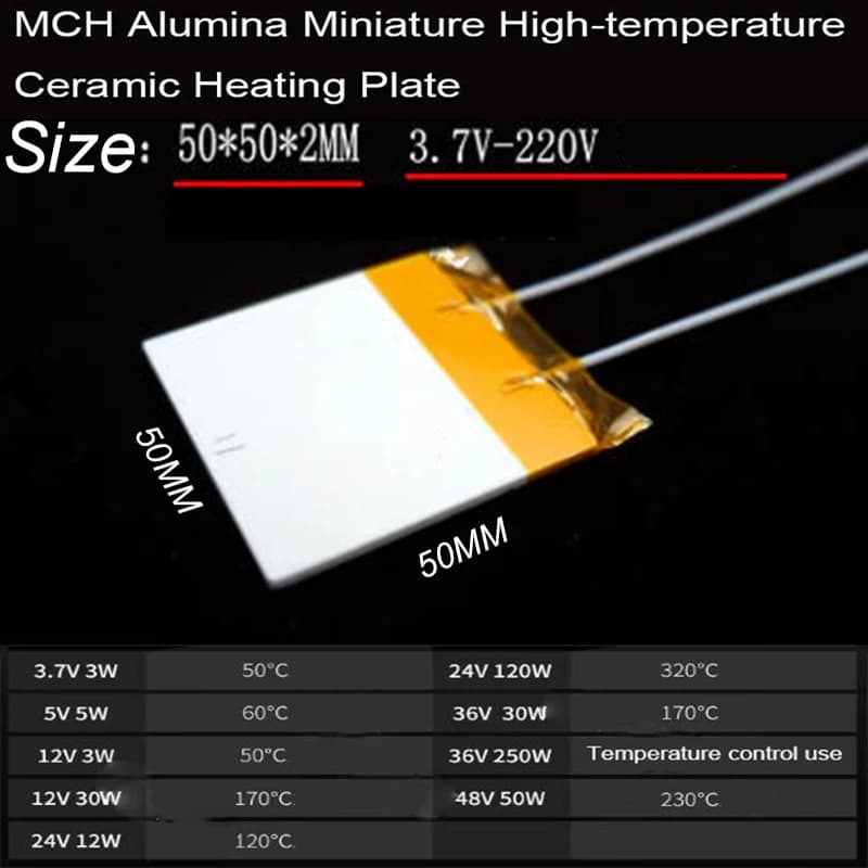 50*50*2MM Ossido di Alluminio MCH Riscaldatore Ceramico Ad Alta Temperatura Resistenza agli Acidi e agli Alcali Nessuna Fiamma Aperta Riscaldamento Uniform 12V 220V
