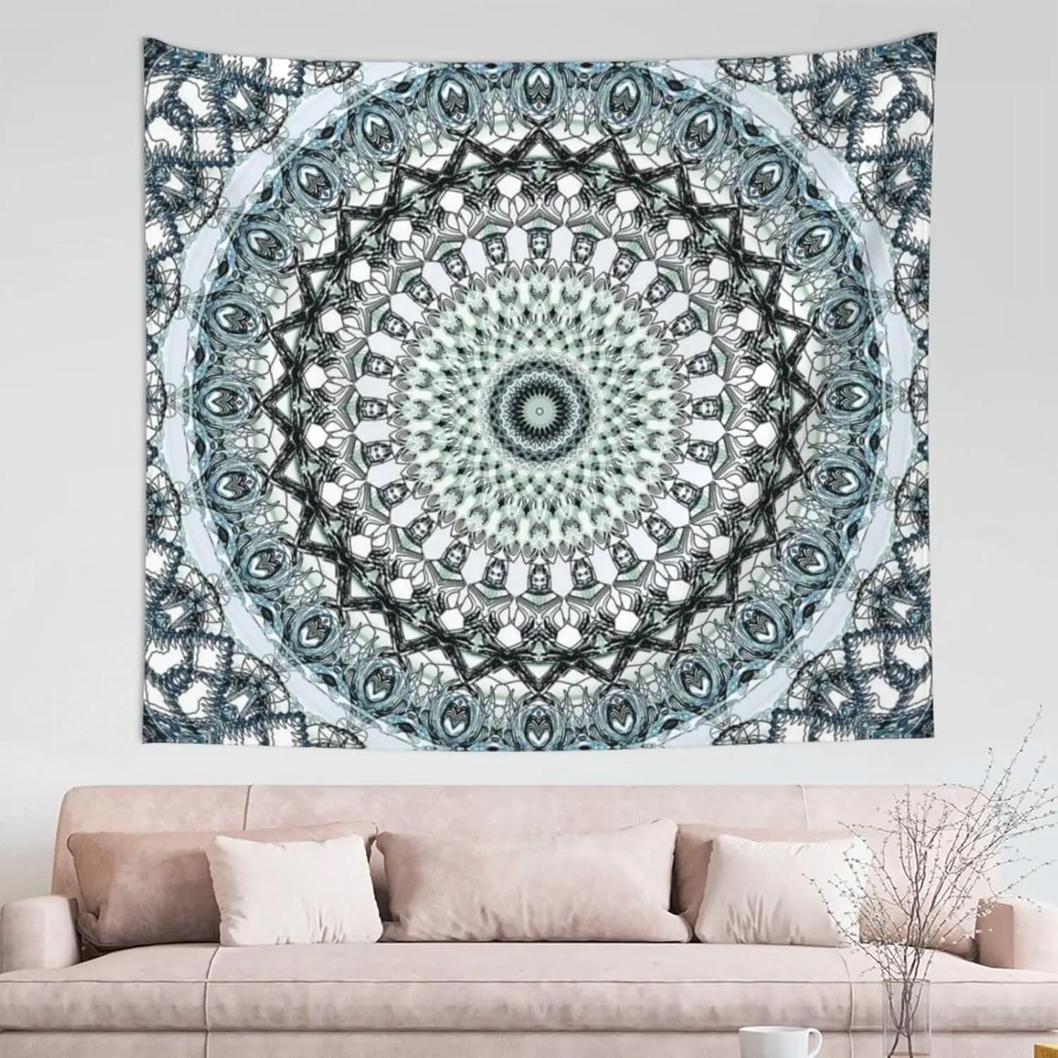 Bohemian Mandala Tapestry, Symmetric Grey and Teal Mandala Design Wall Hanging, Perfect For Adding Calm & Mystical Vibe To Your