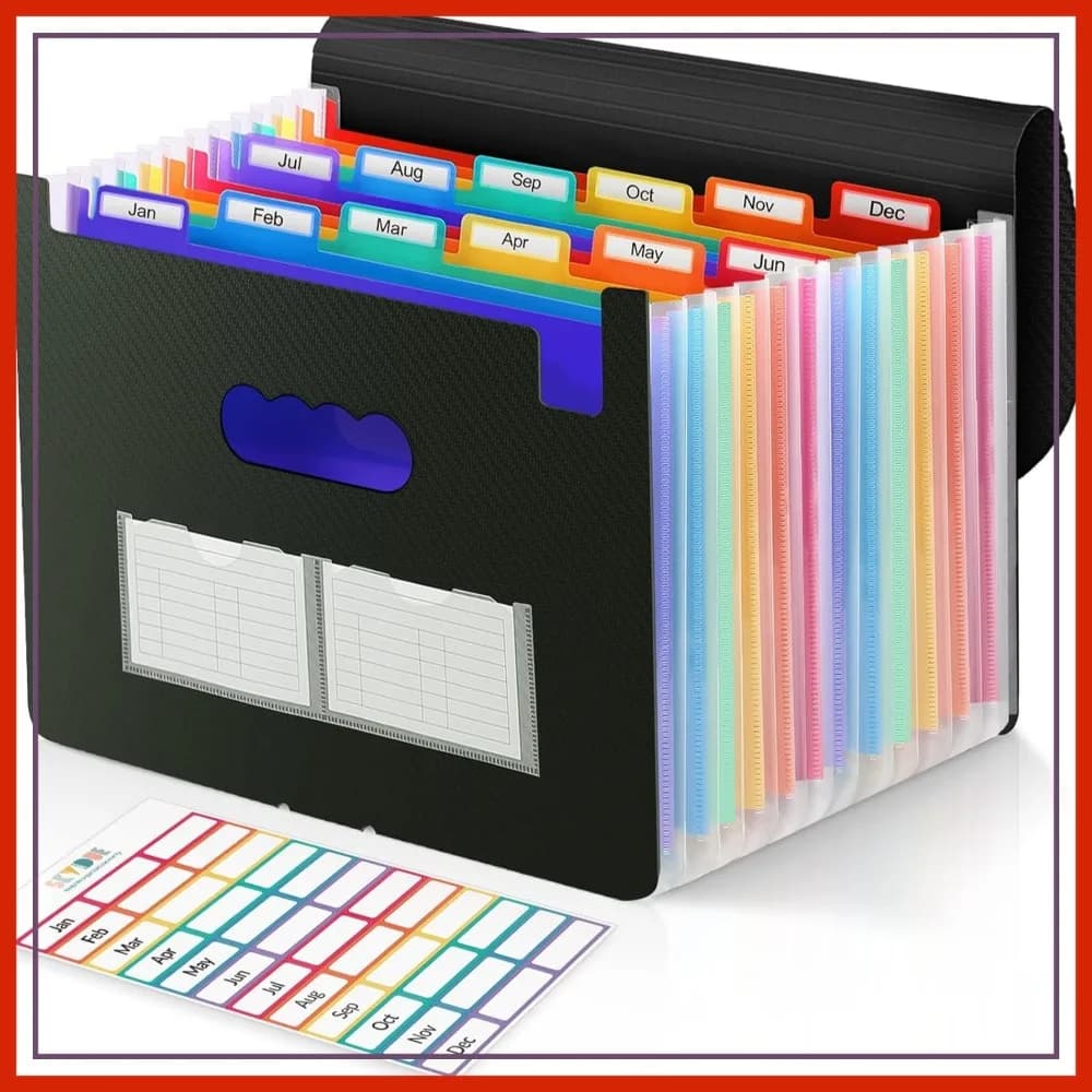 Organizzatore per Documenti a Fisarmonica con 12 Tasche, Cartella Espandibile Formato Lettera con Linguette Colorate, Porta Scontrini Portatile Nero