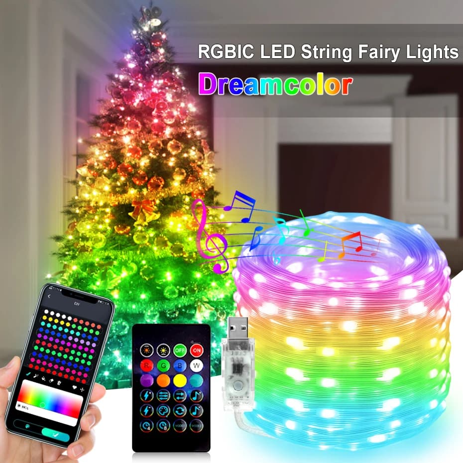 Smart Bluetooth 10M 20M 50M RGBIC WS2812b Led Strip 5V USB impermeabile Led String Fairy Light impermeabile decorazione della stanza esterna