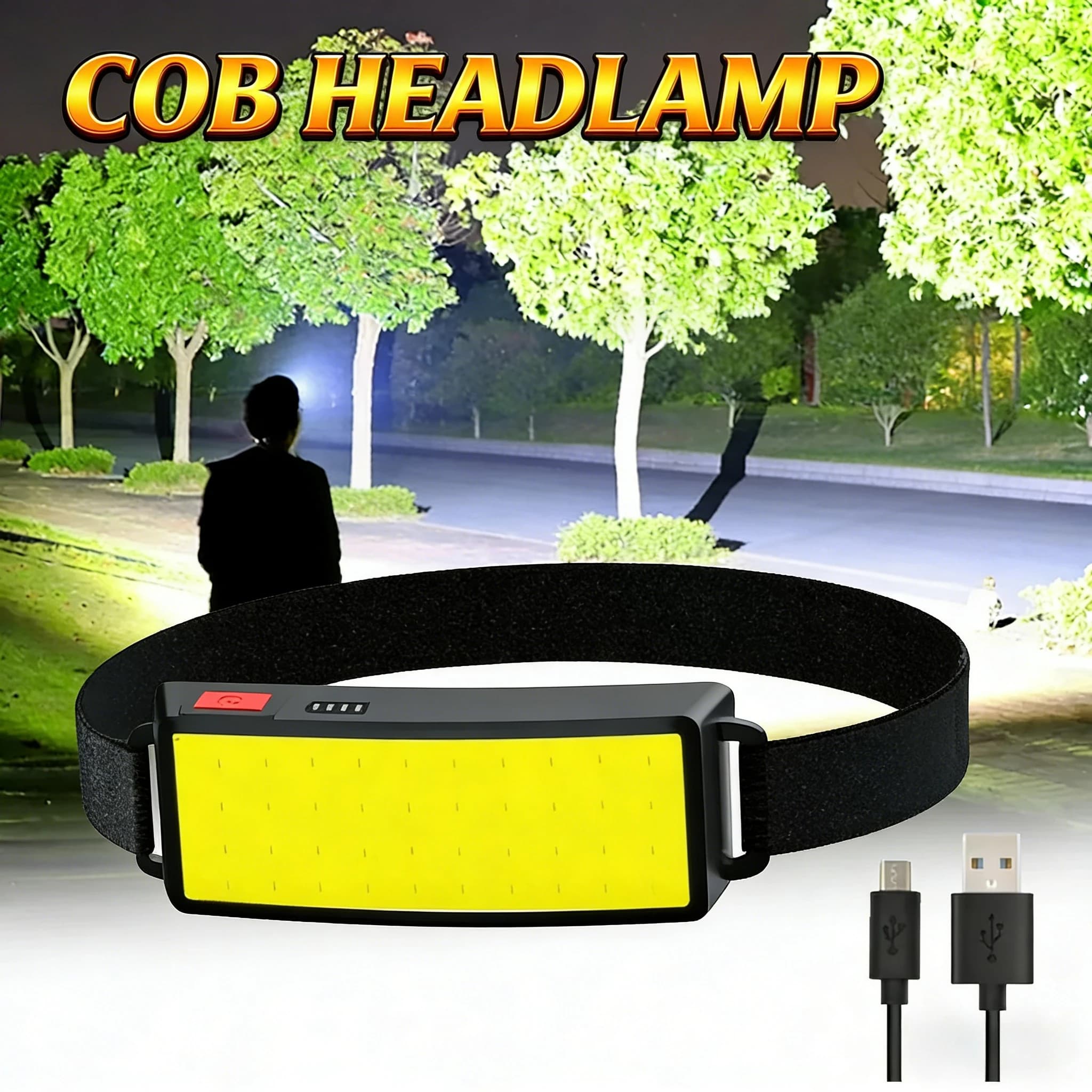 COB portable outdoor LED headlights with integrated battery, USB rechargeable, camping, fishing, climbing front lamp